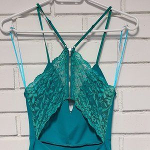 Teal spaghetti strap asymmetrical dress